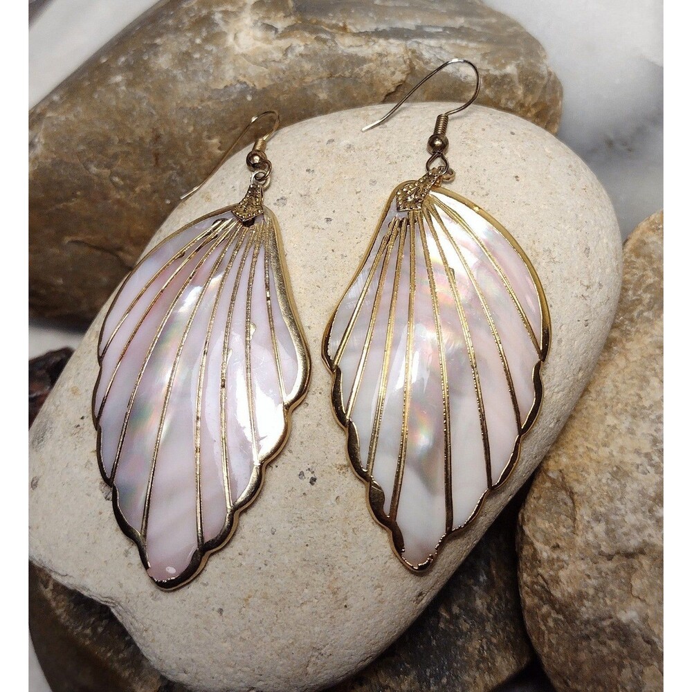 14K Gold Plated Seashell Dangle Earrings 3" Vintage